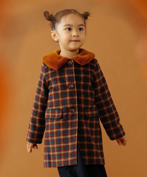 B:MING by BEAMS（ビーミングバイビームス）の「B:MING by BEAMS / ファー襟 チェック柄 コート（100~140cm）（ノーカラーコート・キッズ・ベージュ/ワインレッド・100/110/130/140/120）」の9枚目の写真