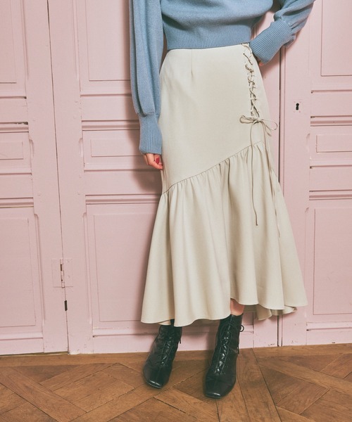 mysty woman(ミスティウーマン)の「アシメレースアップマーメイドスカート 990902(スカート・レディース・ブラウン/ブルー系その他/アイボリー・FREE)」の2枚目の写真