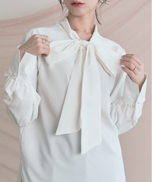 kirakiraShop（キラキラショップ）の「2way シフォン ジョーゼット ボウタイ ブラウス（シャツ/ブラウス・レディース・ホワイト/ライトグレー/ブラック/ブルー系その他/オフホワイト/ライトベージュ・M/L/XL）」の2枚目の写真
