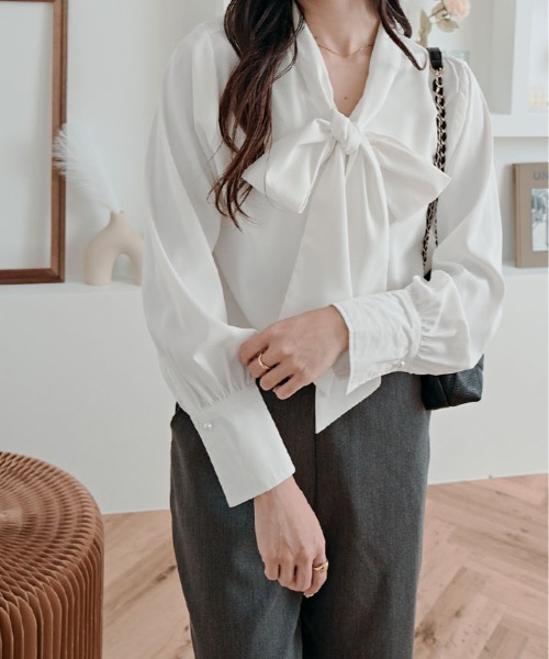kirakiraShop（キラキラショップ）の「2way シフォン ジョーゼット ボウタイ ブラウス（シャツ/ブラウス・レディース・ホワイト/ライトグレー/ブラック/ブルー系その他/オフホワイト/ライトベージュ・M/L/XL）」の14枚目の写真
