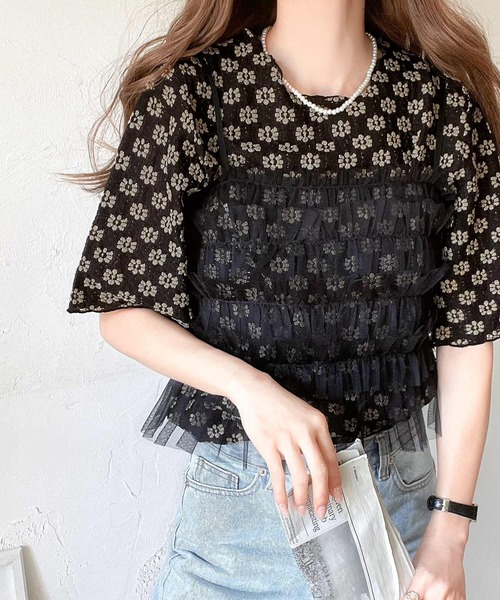 mily bilet(ミウィビレット)の「【mily bilet】セットアイテムで可愛らしく着映え!花柄ジャガードチュールビスチェレイアード半袖ブラウス(シャツ/ブラウス・レディース・ブラック/サックスブルー/アイボリー・MEDIUM/LARGE/X-LARGE/SMALL)」の14枚目の写真