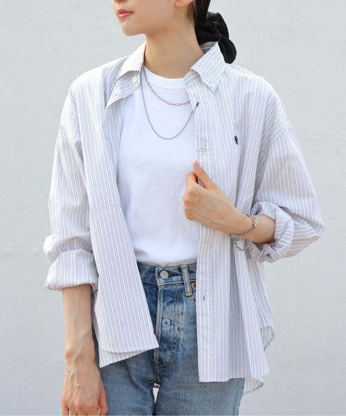 GYMPHLEX（ジムフレックス）の「GYMPHLEX/ジムフレックス　ショートボタンダウンシャツ ストライプ　SHORT B.D. SHIRT STRIPE　GY-B0198 MTS（シャツ/ブラウス・レディース・グレー/グリーン・14）」の2枚目の写真