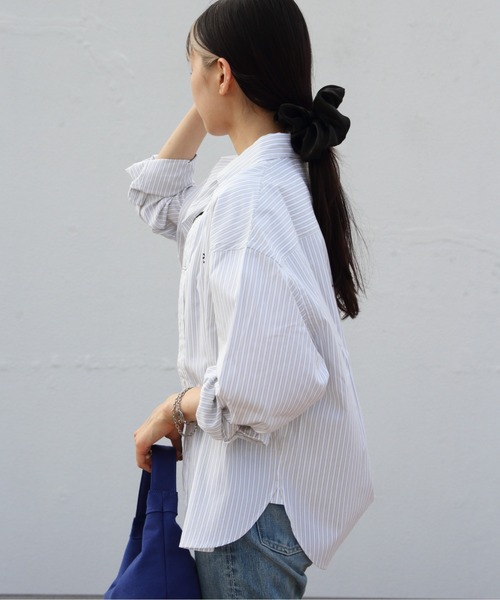 GYMPHLEX（ジムフレックス）の「GYMPHLEX/ジムフレックス　ショートボタンダウンシャツ ストライプ　SHORT B.D. SHIRT STRIPE　GY-B0198 MTS（シャツ/ブラウス・レディース・グレー/グリーン・14）」の4枚目の写真