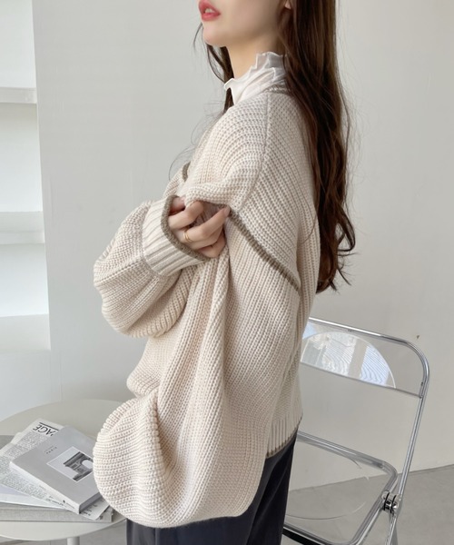 Eclat one（エクラワン）の「パイピング ざっくり 袖たぽ カーディガン（カーディガン/ボレロ・レディース・イエロー/ブルー/アイボリー・FREE）」の16枚目の写真