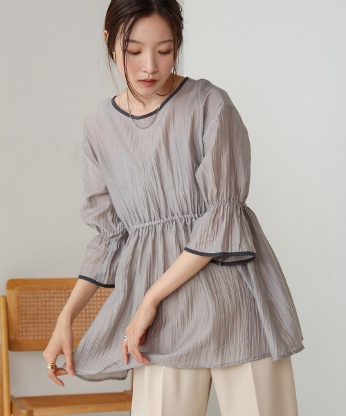 Bab(バブ)の「袖パイピング楊柳ブラウス(シャツ/ブラウス・レディース・チャコールグレー/アイボリー/ライトグリーン・M)」の13枚目の写真