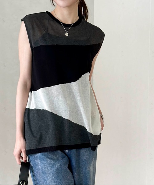 Per sist ence(パーシエンス)の「麻タッチインターシャノースリプルオーバー(Tシャツ/カットソー・レディース・ブラック/アイボリー/グレー・FREE)」の2枚目の写真