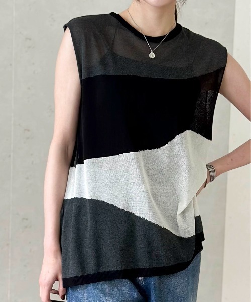Per sist ence(パーシエンス)の「麻タッチインターシャノースリプルオーバー(Tシャツ/カットソー・レディース・ブラック/アイボリー/グレー・FREE)」の21枚目の写真