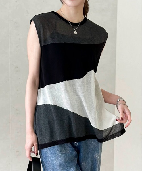 Per sist ence(パーシエンス)の「麻タッチインターシャノースリプルオーバー(Tシャツ/カットソー・レディース・ブラック/アイボリー/グレー・FREE)」の20枚目の写真