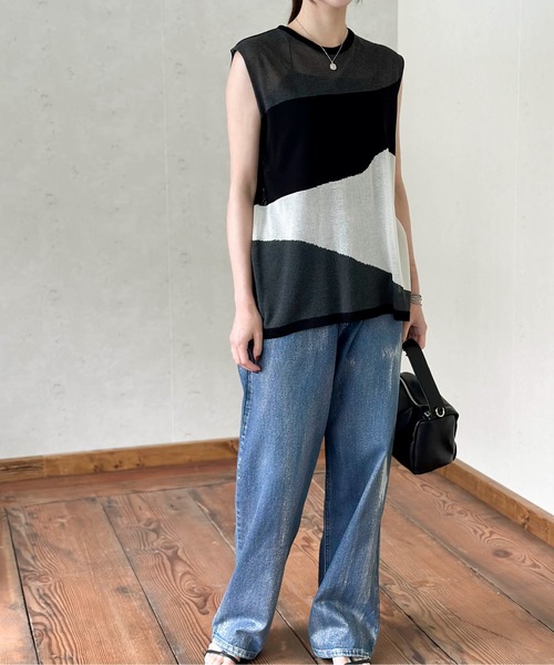 Per sist ence(パーシエンス)の「麻タッチインターシャノースリプルオーバー(Tシャツ/カットソー・レディース・ブラック/アイボリー/グレー・FREE)」の16枚目の写真