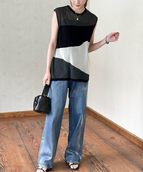 Per sist ence(パーシエンス)の「麻タッチインターシャノースリプルオーバー(Tシャツ/カットソー・レディース・ブラック/アイボリー/グレー・FREE)」の18枚目の写真