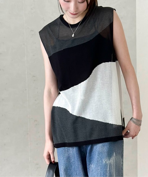 Per sist ence(パーシエンス)の「麻タッチインターシャノースリプルオーバー(Tシャツ/カットソー・レディース・ブラック/アイボリー/グレー・FREE)」の10枚目の写真