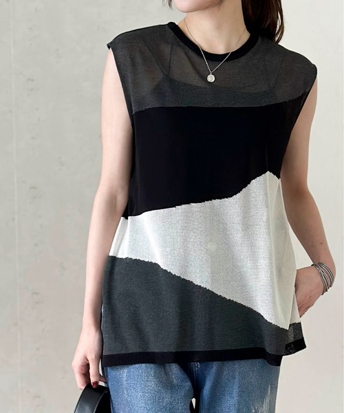 Per sist ence(パーシエンス)の「麻タッチインターシャノースリプルオーバー(Tシャツ/カットソー・レディース・ブラック/アイボリー/グレー・FREE)」の12枚目の写真