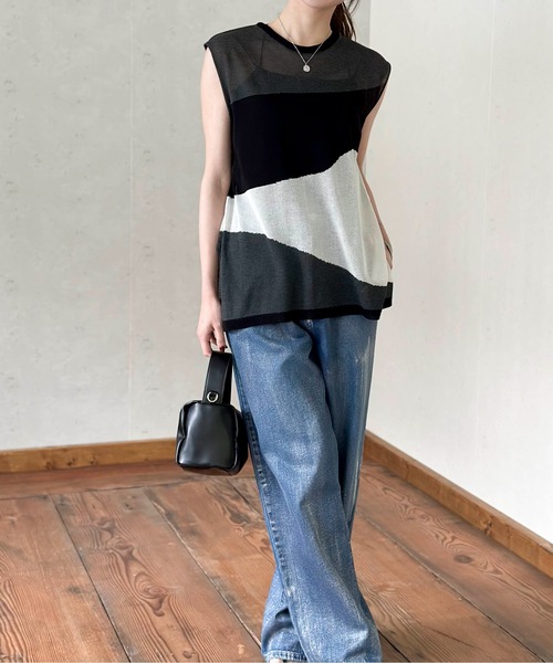 Per sist ence(パーシエンス)の「麻タッチインターシャノースリプルオーバー(Tシャツ/カットソー・レディース・ブラック/アイボリー/グレー・FREE)」の7枚目の写真