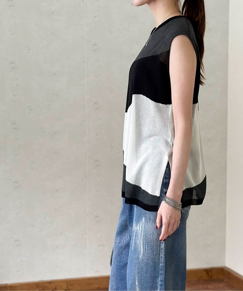 Per sist ence(パーシエンス)の「麻タッチインターシャノースリプルオーバー(Tシャツ/カットソー・レディース・ブラック/アイボリー/グレー・FREE)」の6枚目の写真