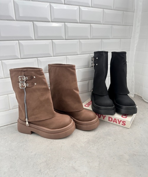 Loueme（ルエム）の「ダブルベルトPUゲートルブーツ（ブーツ・レディース・ブラウン/ブラック・23.5cm/24.5cm）」の8枚目の写真