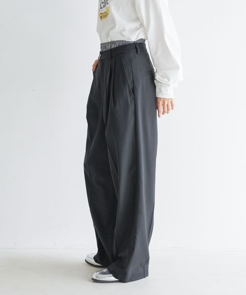 ぐちぽん LOWRYS FARM スラックス パンツ TRダブルウエストワイドパンツ