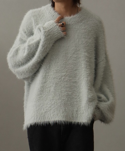 R353/美品 23AW ENFOLD タックショートニット 38 M グレー welise/ウェライズ】リッチシャギーファブリック オーバーサイズ