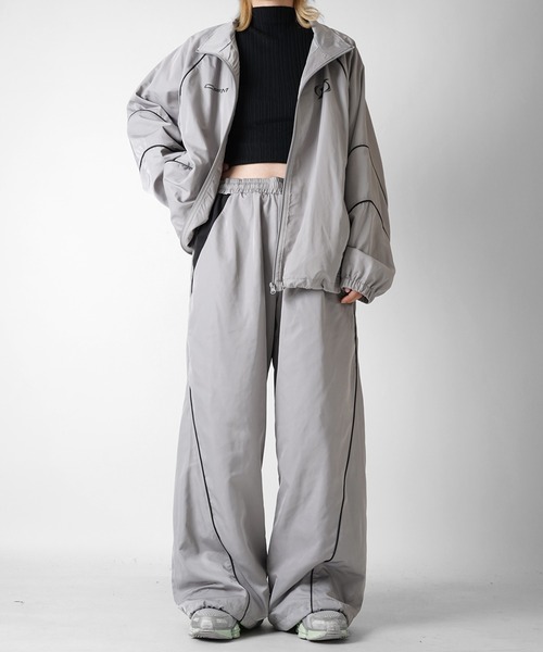 Y2K 切替パイピングサイドライン 裾ドローコード ナイロンワイドパンツ  