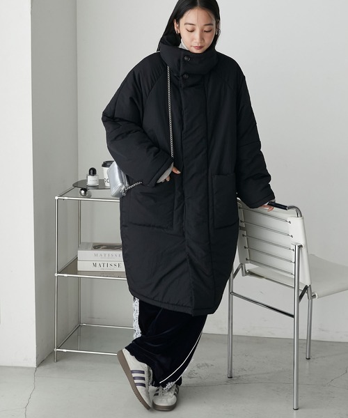 forksy.】シボナイロン中綿ハイネックロングコート（ダウンジャケット