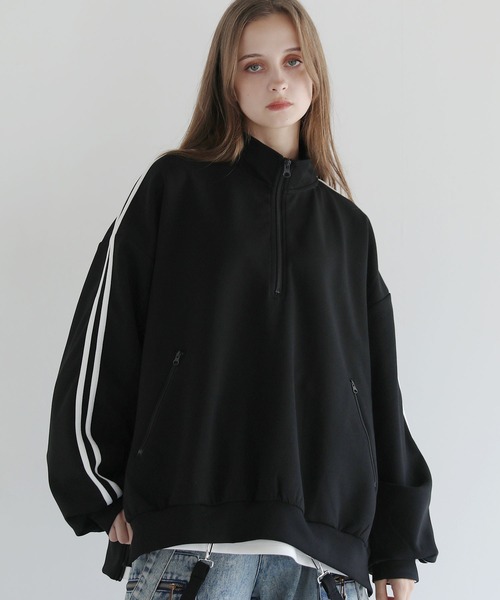 ルーズシルエットコットンポンチドレープトラックハーフジップ長袖プル