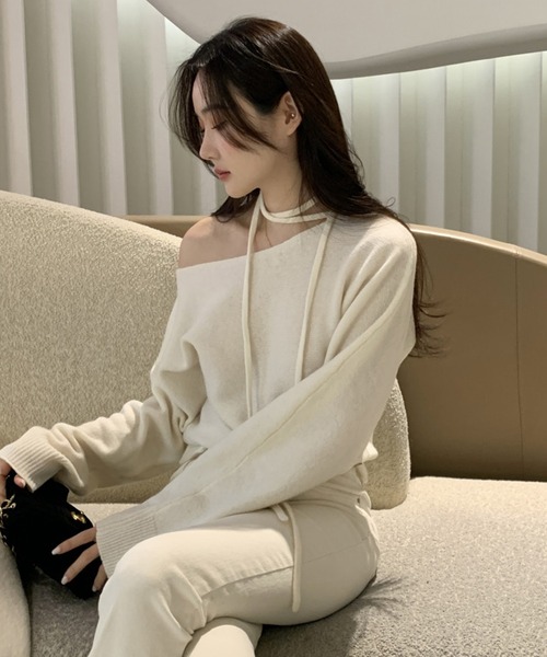 WESTSEA（ウエストシー）の「ネックリボン オフショルダー 無地ニット ショート丈（ニット/セーター・レディース・オフホワイト/ブラック/ピンク/ブルー/グレー・FREE）」の20枚目の写真