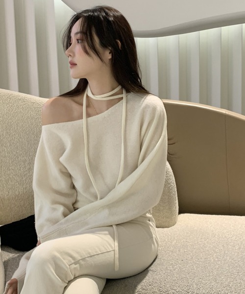 WESTSEA（ウエストシー）の「ネックリボン オフショルダー 無地ニット ショート丈（ニット/セーター・レディース・オフホワイト/ブラック/ピンク/ブルー/グレー・FREE）」の19枚目の写真
