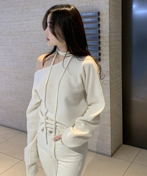 WESTSEA（ウエストシー）の「ネックリボン オフショルダー 無地ニット ショート丈（ニット/セーター・レディース・オフホワイト/ブラック/ピンク/ブルー/グレー・FREE）」の17枚目の写真