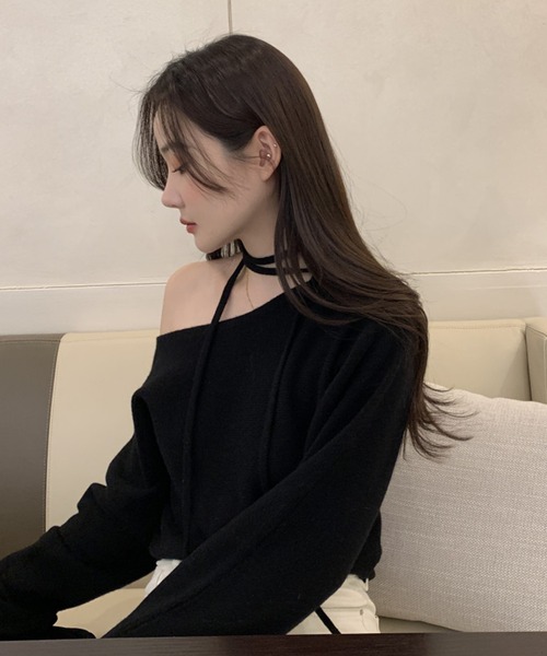 WESTSEA（ウエストシー）の「ネックリボン オフショルダー 無地ニット ショート丈（ニット/セーター・レディース・オフホワイト/ブラック/ピンク/ブルー/グレー・FREE）」の8枚目の写真