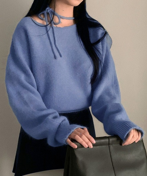 WESTSEA（ウエストシー）の「ネックリボン オフショルダー 無地ニット ショート丈（ニット/セーター・レディース・オフホワイト/ブラック/ピンク/ブルー/グレー・FREE）」の16枚目の写真