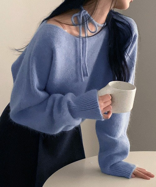 ネックリボン オフショルダー 無地ニット ショート丈（ニット