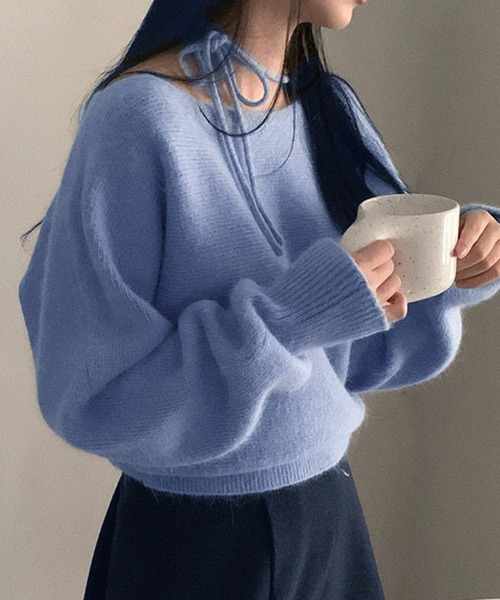 WESTSEA（ウエストシー）の「ネックリボン オフショルダー 無地ニット ショート丈（ニット/セーター・レディース・オフホワイト/ブラック/ピンク/ブルー/グレー・FREE）」の14枚目の写真