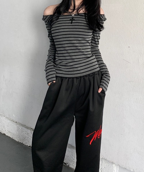 lilful（リルフル）の「サイド刺繍ロゴ ワイドスウェットパンツ（スウェットパンツ・レディース・ブラック/グレー・L/M）」の7枚目の写真