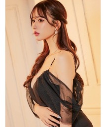 DAZZY（デイジー）の「【煌めく女神袖で色っぽく】視線を釘付けにする！ストーンチュールオフショルチェーンキャミソールタイトミニドレス（ドレス）」