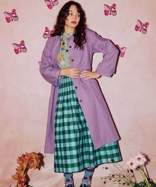 セール】裏地プリントノーカラーロングコート（ノーカラーコート