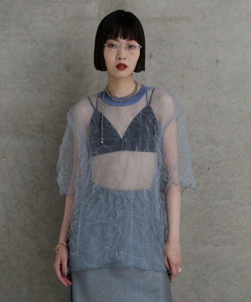 CHIGNON（シニヨン）の「(CHIGNON)チュールワッシャーTシャツ（Tシャツ/カットソー・レディース・ブルー/ブラウン・ONE SIZE）」の2枚目の写真