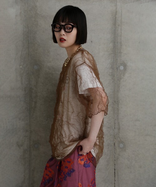 CHIGNON（シニヨン）の「(CHIGNON)チュールワッシャーTシャツ（Tシャツ/カットソー・レディース・ブルー/ブラウン・ONE SIZE）」の7枚目の写真