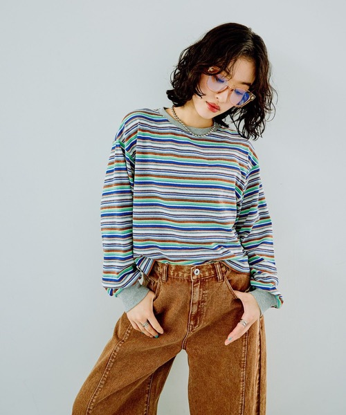 LEPSIM(レプシィム)の「マルチボーダーロンT 291069(Tシャツ/カットソー・レディース・グリーン/キャメル/ベージュ・FREE)」の2枚目の写真