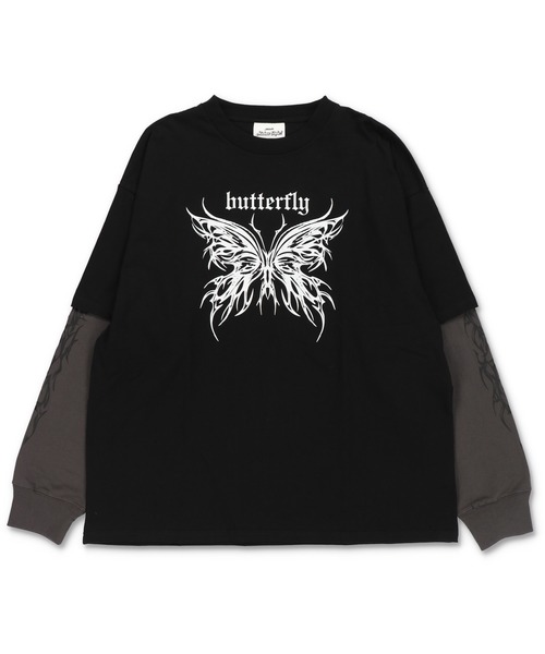 SPINNS（スピンズ）の「グランジフェイクレイヤード長袖ロンT/バタフライ（Tシャツ/カットソー・メンズ・ブラック系その他/ブラック系その他2/ホワイト×ブラック・ONESIZE）」の4枚目の写真