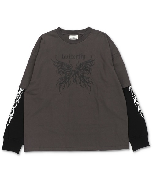 SPINNS（スピンズ）の「グランジフェイクレイヤード長袖ロンT/バタフライ（Tシャツ/カットソー・メンズ・ブラック系その他/ブラック系その他2/ホワイト×ブラック・ONESIZE）」の5枚目の写真