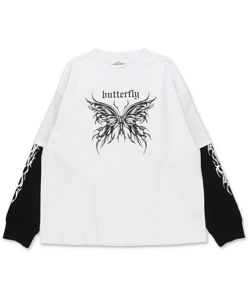 SPINNS（スピンズ）の「グランジフェイクレイヤード長袖ロンT/バタフライ（Tシャツ/カットソー・メンズ・ブラック系その他/ブラック系その他2/ホワイト×ブラック・ONESIZE）」の6枚目の写真