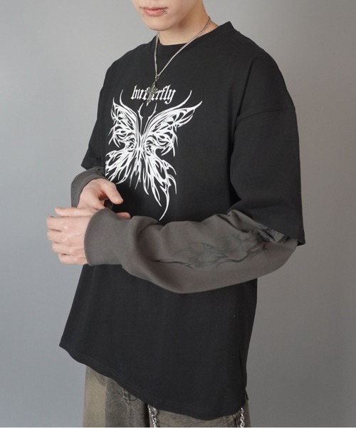 SPINNS（スピンズ）の「グランジフェイクレイヤード長袖ロンT/バタフライ（Tシャツ/カットソー・メンズ・ブラック系その他/ブラック系その他2/ホワイト×ブラック・ONESIZE）」の22枚目の写真