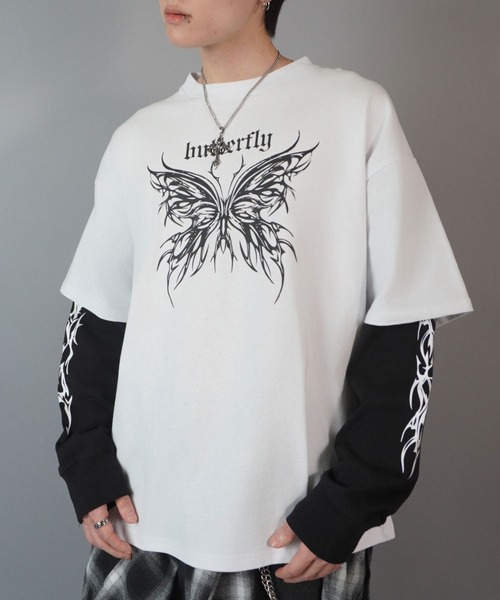SPINNS（スピンズ）の「グランジフェイクレイヤード長袖ロンT/バタフライ（Tシャツ/カットソー・メンズ・ブラック系その他/ブラック系その他2/ホワイト×ブラック・ONESIZE）」の14枚目の写真