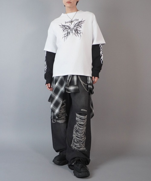 SPINNS（スピンズ）の「グランジフェイクレイヤード長袖ロンT/バタフライ（Tシャツ/カットソー・メンズ・ブラック系その他/ブラック系その他2/ホワイト×ブラック・ONESIZE）」の17枚目の写真