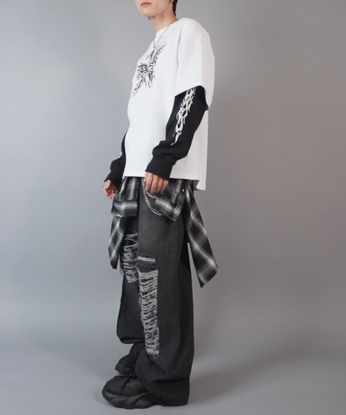 SPINNS（スピンズ）の「グランジフェイクレイヤード長袖ロンT/バタフライ（Tシャツ/カットソー・メンズ・ブラック系その他/ブラック系その他2/ホワイト×ブラック・ONESIZE）」の18枚目の写真