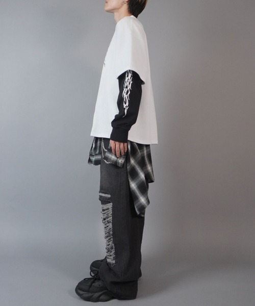 SPINNS（スピンズ）の「グランジフェイクレイヤード長袖ロンT/バタフライ（Tシャツ/カットソー・メンズ・ブラック系その他/ブラック系その他2/ホワイト×ブラック・ONESIZE）」の19枚目の写真