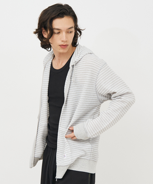JEMORGAN(ジェーイーモーガン)の「【JEMORGAN LONG JOHNS/ジェーイーモーガンロングジョーンズ】軽量ボーダーワッフルジップパーカー JF604-12Sダブルジップ/ボーダー/パーカー【WEB限定】(パーカー・メンズ・ネイビー/オフホワイト/グレー・L/XL/M)」の2枚目の写真