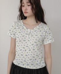 花柄サーマルヘンリートップス/夏服 春服 韓国 レイヤード ヘンリーネック カットソー 半袖 Tシャツ カジュアル ガーリー ワッフル シティガール コンパクト