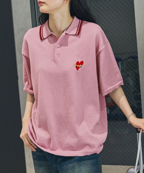 PENNEYS（ぺニーズ）の「PENNEYS/ペニーズ 別注 THE FOX ロゴ ハート刺繍 ラインデザイン 鹿の子半袖ポロシャツ（ポロシャツ・レディース・サックスブルー/アイボリー/ブラック/ライトピンク/ネイビー・M/L）」の5枚目の写真
