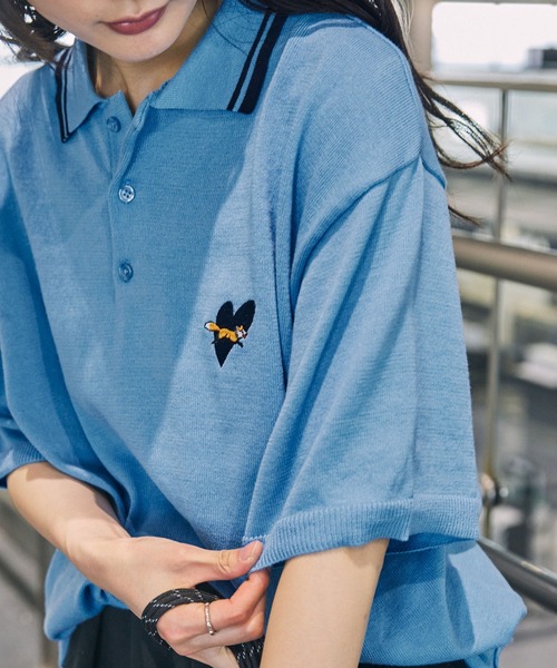 PENNEYS（ぺニーズ）の「PENNEYS/ペニーズ 別注 THE FOX ロゴ ハート刺繍 ラインデザイン 鹿の子半袖ポロシャツ（ポロシャツ・レディース・サックスブルー/アイボリー/ブラック/ライトピンク/ネイビー・M/L）」の16枚目の写真