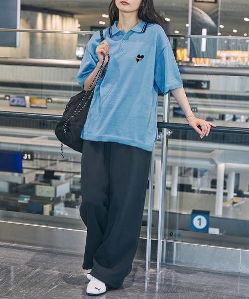 PENNEYS（ぺニーズ）の「PENNEYS/ペニーズ 別注 THE FOX ロゴ ハート刺繍 ラインデザイン 鹿の子半袖ポロシャツ（ポロシャツ・レディース・サックスブルー/アイボリー/ブラック/ライトピンク/ネイビー・M/L）」の6枚目の写真